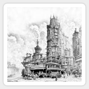 Steampunk city black and white Sticker